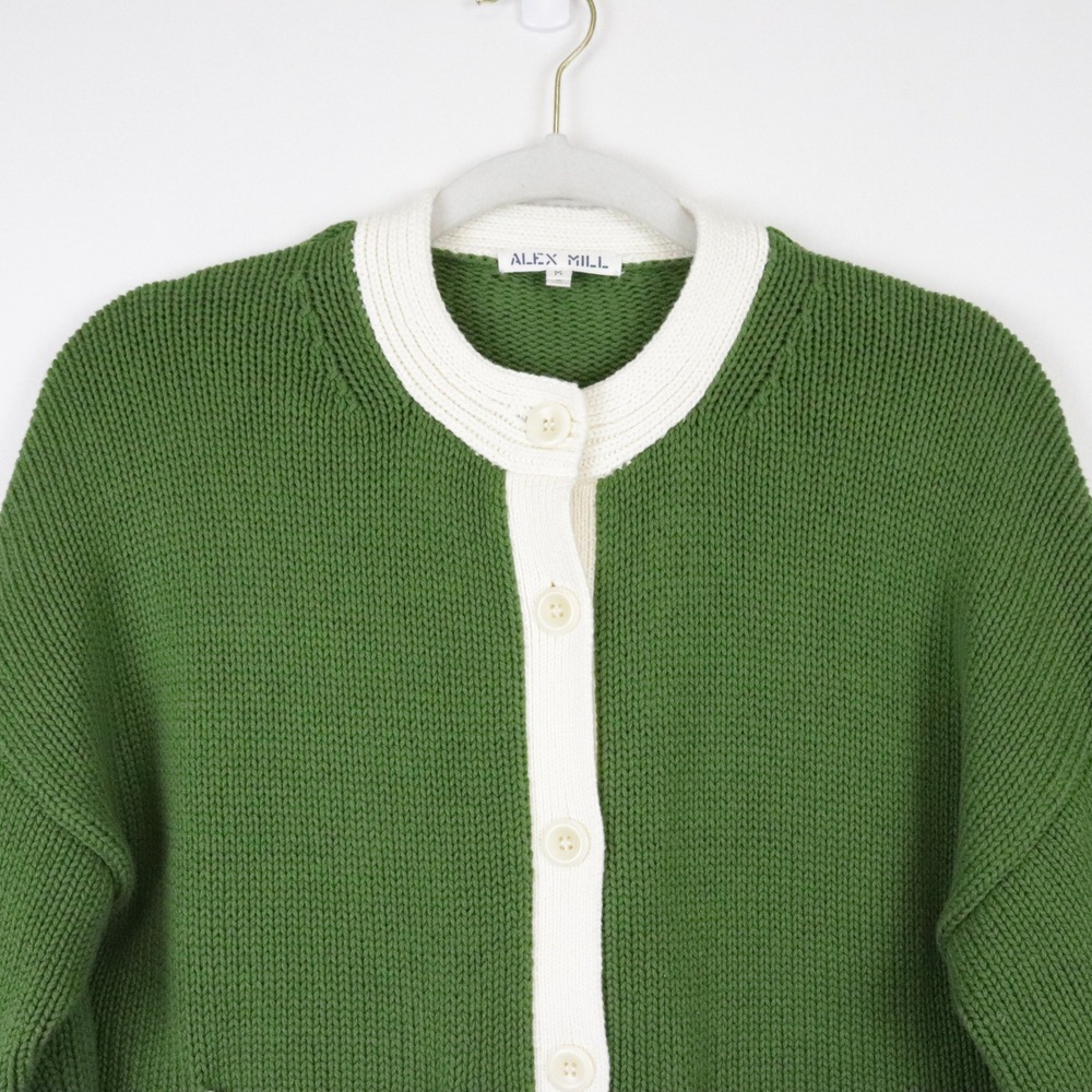 Alex Mill Nico Tipped Cardigan Medium Leaf Green Ivory White 100% Cotton Sweater - Picture 4 of 8